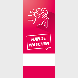 Roll-Up Bannerdisplay (PVC-frei) mit Motiv HÄNDE WASCHEN 85 cm x 200 cm, inklusive Druck und Versand