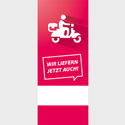 Roll-Up Bannerdisplay (PVC-frei) mit Motiv WIR LIEFERN JETZT AUCH 85 cm x 200 cm, inklusive Druck und Versand