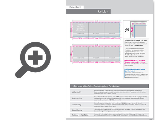 Product Bild faltblatt__gefalzt_auf_quadrat_21_0_cm_x_21_0_cm__6-seiter_(wickelfalz)__beidseitig_bedruckt_(4_4_farbig_+_2_sonderfarben_hks)
