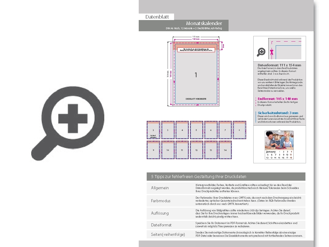 Product Bild monatskalender_14_blatt_(12_monate_+_2_deckbl__tter)__einseitig_bedruckt_4_0_farbig__din_a6_hoch_(105_x_148_mm)