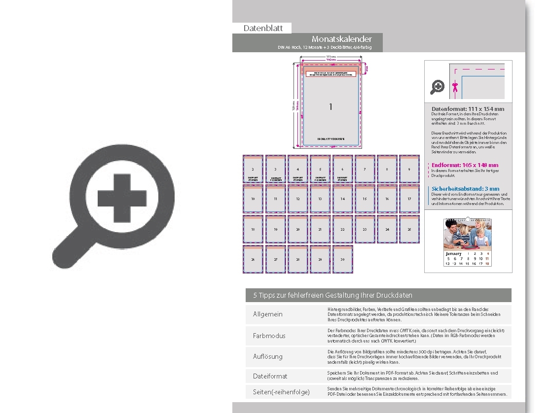 Product Bild monatskalender_15_blatt_(12_monate_+_3_deckbl__tter)__beidseitig_bedruckt_4_4_farbig__din_a6_hoch_(105_x_148_mm)